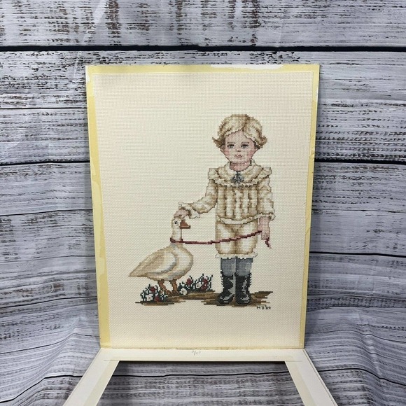 Vintage Finished Cross Stitch English Victorian Boy w/ Duck 1989 16x12" Nursery - Picture 11 of 16